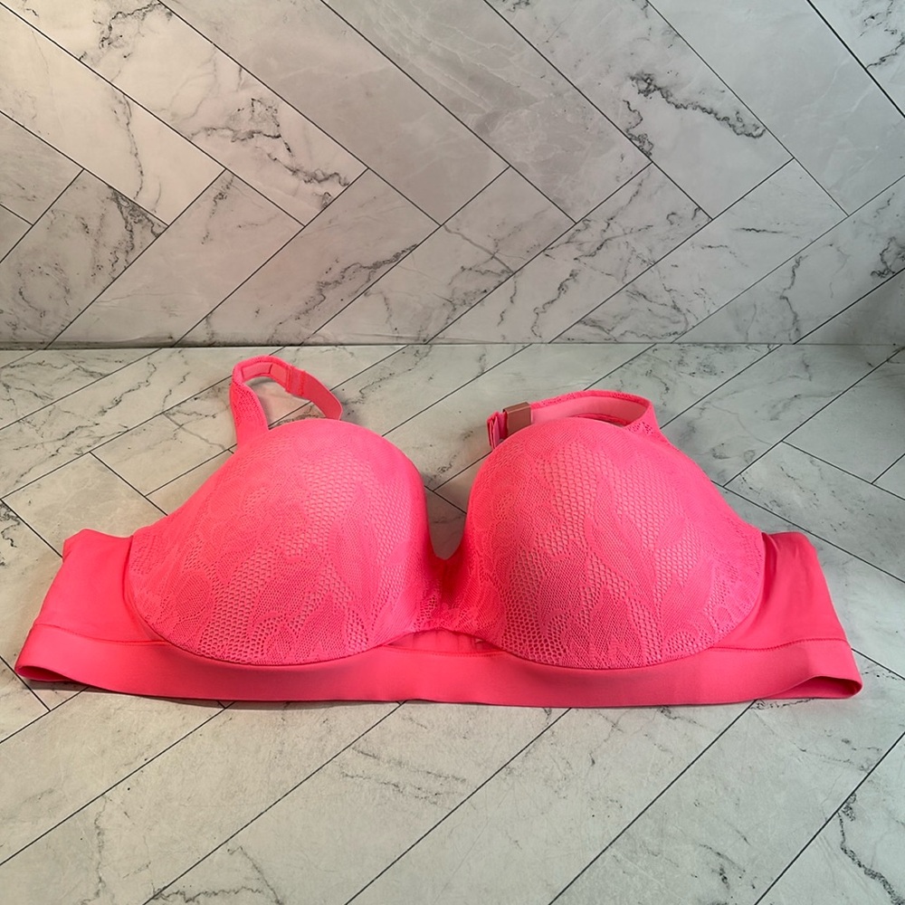 NWT Cacique Lane Bryant Womans Bra Pink Lace Overlay Balconette UNDERWIRE 46DD